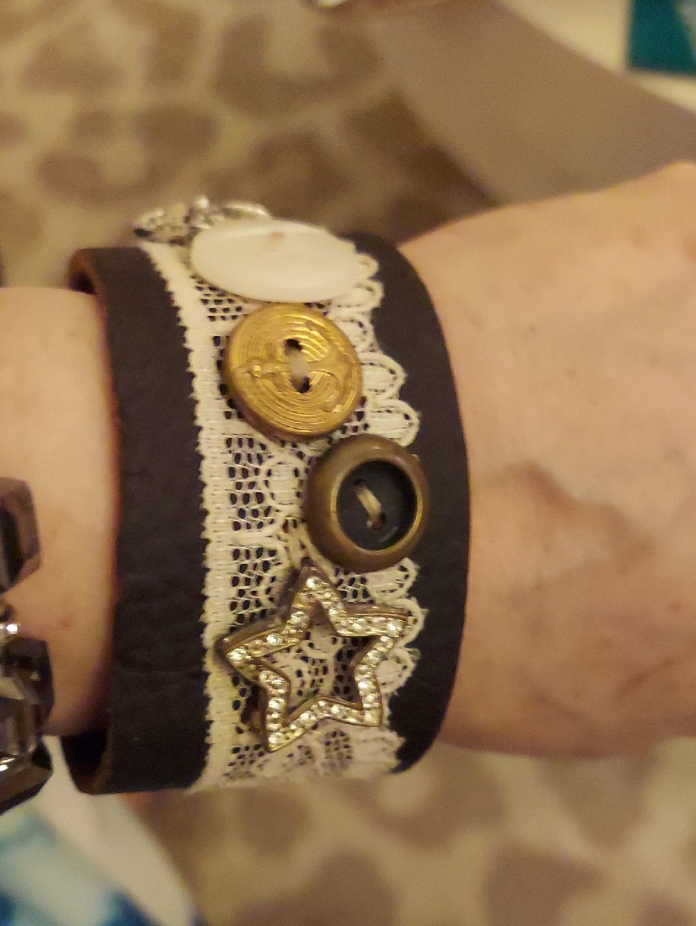 Hand Crafted Boho Lace Leather Button Cuff Bracelet in Black and Cream